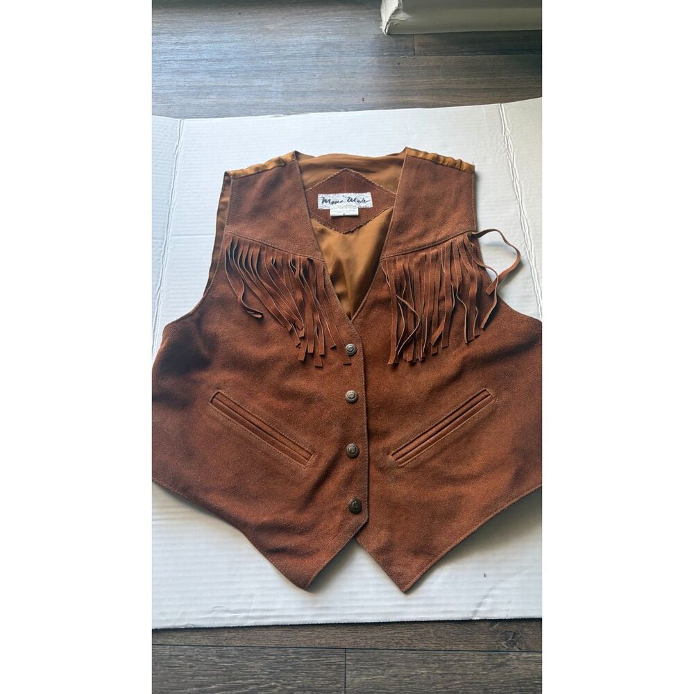 Mona Mode Genuine Leather Fringe Vest Women's M Brown Western Boho Cowgirl